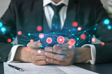 Businessman using app on phone. Abstract technology icons hologram. Multiexposure. People connection concept.