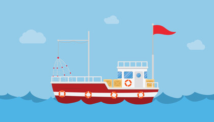 fishery boat alone in the sea ocean with blue water and clean sky with modern flat style