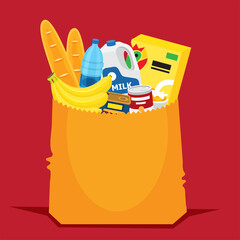 Illustration vector flat cartoon of grocery food paper bag isolated on white background.