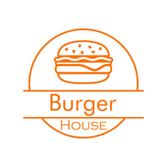 Concepto comida rápida. Logotipo lineal con texto Burger House en círculo con hamburguesa en color naranja