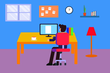 Work from Home vector concept: businessman working on his desktop in his room