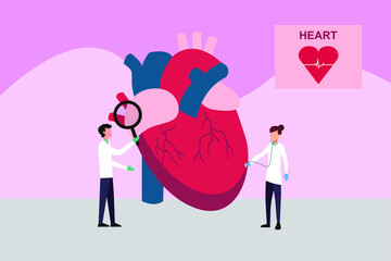 Cardiology vector concept: couple of doctors examining a huge heart
