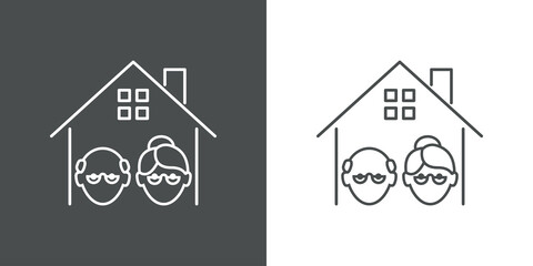 Concepto asilo de ancianos. Icono plano lineal casa con cabeza de hombre y mujer ancianos en fondo gris y fondo blanco