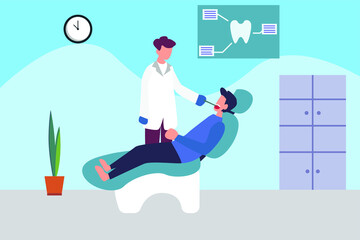 Dentistry vector concept: dentist examining his male patient's mouth in the dental clinic