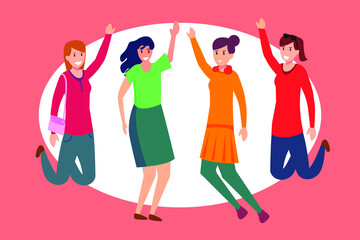 Friendship vector concept: group of happy female young adults jumping together