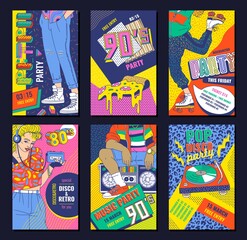 80's disco style poster set for retro party - colorful invitation flyers