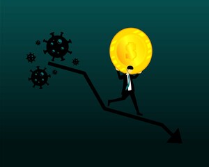 Corona virus impact to global economy. Businessman character holding dollar coins running away from virus. Illustration vector