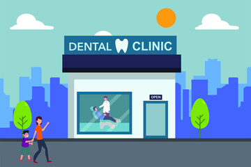 Dental clinic vector concept: mother taking his crying boy to the dental clinic