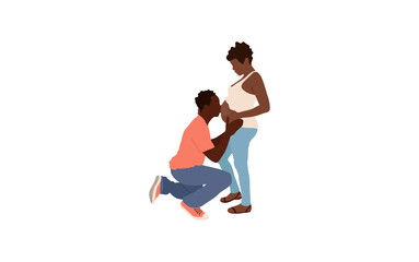 Fototapeta na wymiar Man hugging and kissing belly of pregnant wife. Happy couple expecting baby. Pregnancy time. Isolated flat vector illustration