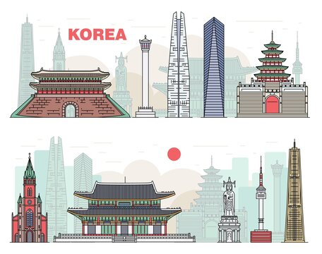 Korean landmarks and sights set, sketch vector illustration isolated on white.