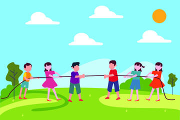 Obraz na płótnie Canvas Summer fun vector concept: two groups of children playing tug of war at a playground
