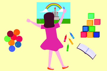 Creativity vector concept: back view of unidentified girl drawing a castle with crayons