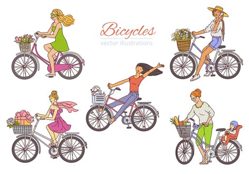 Set of young girls character riding bicycle, sketch vector illustration isolated.
