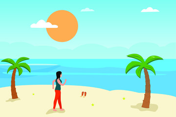Obraz na płótnie Canvas Beach walk vector concept: woman wearing tank top while walking at the sand beach