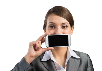 Fototapeta premium Woman covering her mouth with smartphone