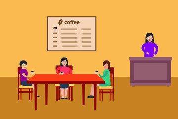 Coffee shop vector concept: group of women hanging out in the coffee shop and chatting happily