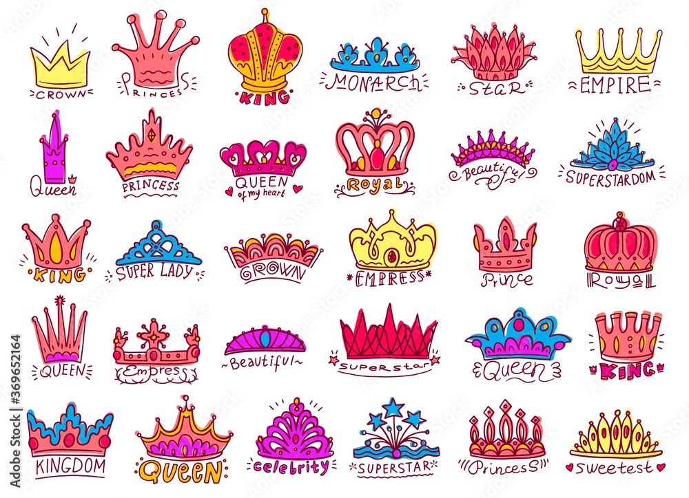 Wall mural kings and queens crowns elements set vector cartoon illustration isolated.