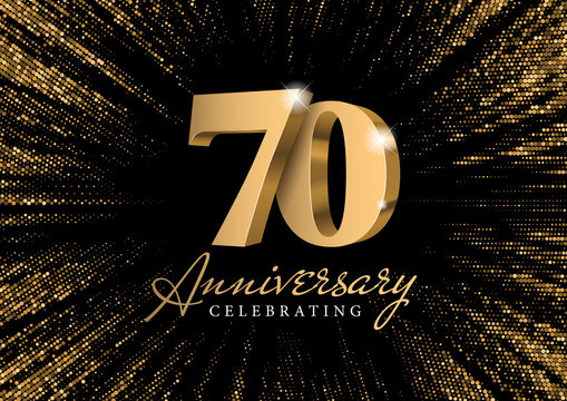 Anniversary 70. gold 3d numbers. Against the backdrop of a stylish flash of gold sparkling from the center on a black background. Poster template for Celebrating 70th anniversary event party. Vector
