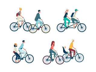 Set people riding bicycle and tandem bike flat vector illustration isolated.