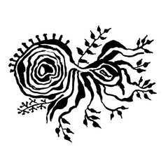 Abstract grunge ink flower background. Roses and leaves black brush pattern. Vector illustration.