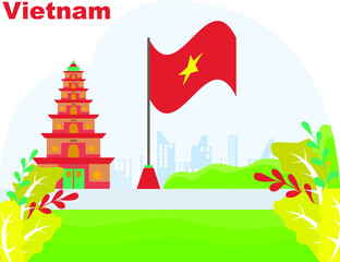Obraz na płótnie Canvas Vietnam Independence Day vector concept: Thiên Mụ Pagoda besides Vietnam national flag at the hills
