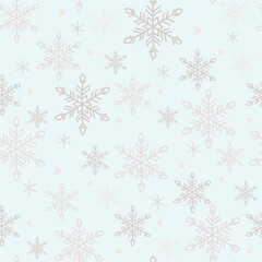 Snowflake seamless pattern. Grey snow crystals on light green background. Great for winter fabric, textile, Christmas wrapping paper, scrapbooking. Surface pattern vector design.
