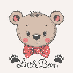 Cute bear boy face with bow tie, footprint. Little Bear slogan. Illustration for t-shirt prints and other uses.