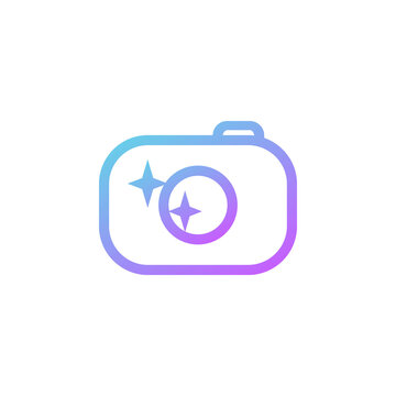Camera vector illustration graphic outline icon. Photographer simple symbol in colorful blue and purple gradient. Isolated.