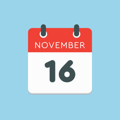 Calendar icon day 16 November, template icon day