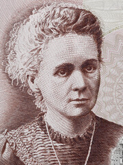 Marie Curie portrait Poland 20 Zlotych banknote close up macro. Famous scientist (chemistry and...