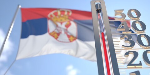 Thermometer shows high air temperature against blurred flag of Serbia. Hot weather forecast related 3D rendering