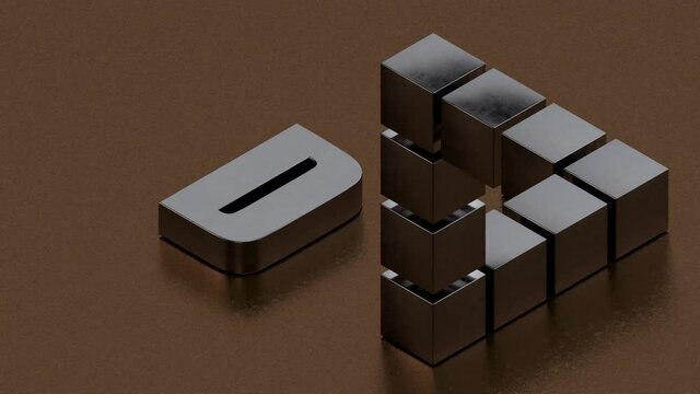 3D animation of an impossible triangle of silver cubes on a bronze background with 3D text. The possibilities of 3D graphics.