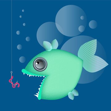 Toothy green fish on a blue background looking at a hook with a worm. Underwater life. Vector illustration.