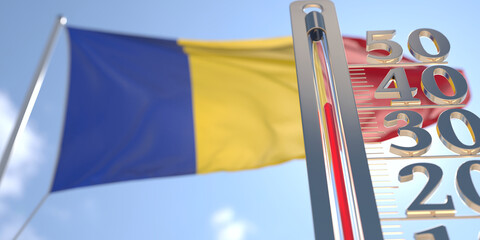 Thermometer shows high air temperature against blurred flag of Romania. Hot weather forecast related 3D rendering