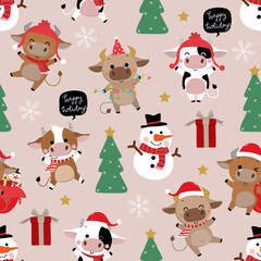 Cute cow in winter costume seamless pattern. 2021 The year of the ox. Animal in Christmas holidays cartoon character background. -Vector