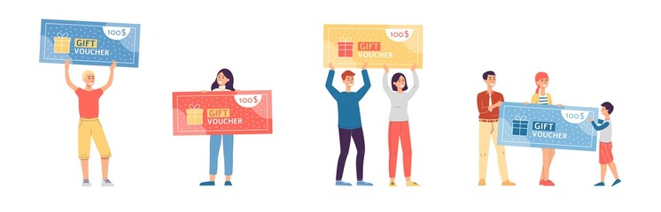 People characters holding gift voucher in hand flat vector illustration isolated.