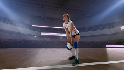 Female professional volleyball players in action on 3d stadium.