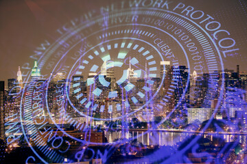 Data theme hologram drawing on city view with skyscrapers background double exposure. Ai concept.