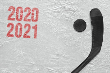 Fragment of a hockey rink, hockey stick and puck