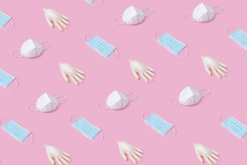 Blue surgical gloves, epidemiological masks, and white surgical gloves pattern on a bright pink...