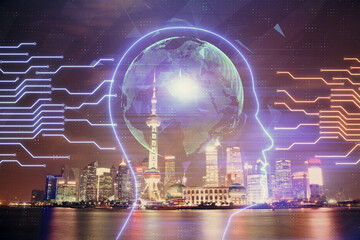 Brain hologram drawing on city scape background Double exposure. Brainstorming concept.