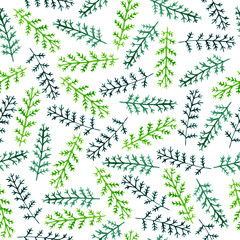 Watercolor seamless pattern with simple green branches. Hand drawing illustration with repeating elements. Endless print for wallpaper, wrapping paper, surface design, textile