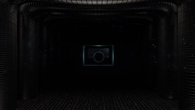 Scifi concept glowing metallic alien orb travels down hallway looping video