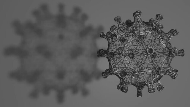 Coronavirus looping background, wireframe black and white covid-19 virus particle rotating with shadow on grey background gloomy feeling