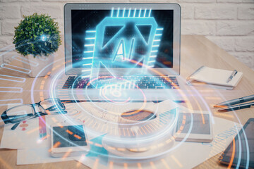 Double exposure of table with computer on background and data theme drawing. Concept of innovation.