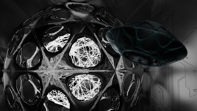 3d illustration of ufo hanger with strange laser fusion reactor scifi concept alien technology