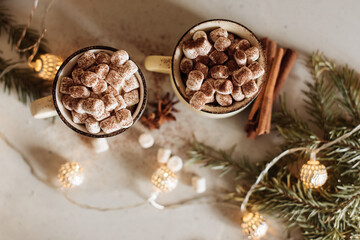Mug for mockup near christmas tree and gift boxes