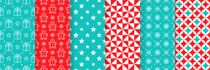 Fototapeta premium Xmas seamless pattern. Vector. Christmas New year print. Backgrounds with gift box, gingerbread man, star, snowflake, circles and triangle. Set wrapping papers. Festive texture. Red blue illustration