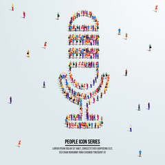 Microphone icon or audio record concept. large group of people form to create a mic shape. vector illustration.