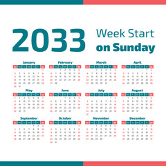 2033 Calendar with the weeks start on Sunday